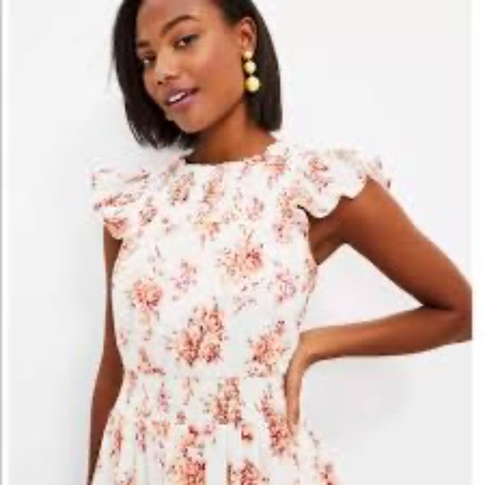 Loft White & Pink Floral Smocked Flutter Sleeve Mini Dress - Size XXL - EUC